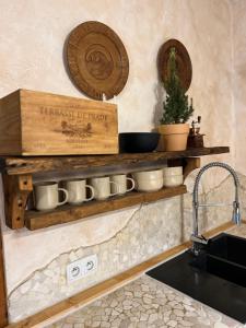 eine Küche mit einem Regal mit Töpfen und einer Spüle in der Unterkunft Apartment Chalet mit Kamin in Plauen