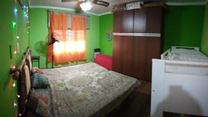 um quarto com paredes verdes, uma cama e uma janela em Cuyén Hostel em Villa María