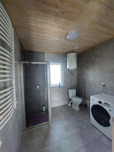 a bathroom with a shower and a toilet at Domki Komfort całoroczne in Zator