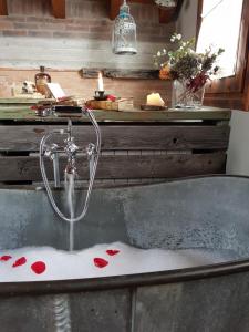 a bath tub with red hearts on the water at La Bottega del Drago in Santa Brigida