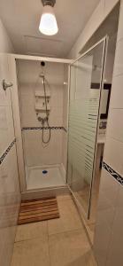 a bathroom with a shower and a glass shower stall at Les Flors !2minutos de la playa! in Lloret de Mar