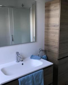 een badkamer met een witte wastafel en een spiegel bij Zaligheid in Lage Zwaluwe