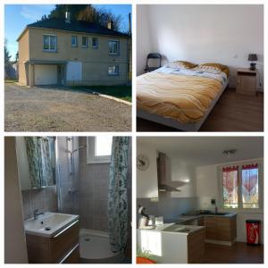 three different pictures of a bedroom and a house at La Menuiserie in Myennes