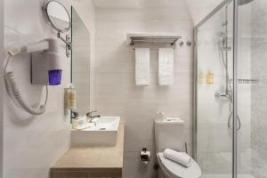 a bathroom with a shower and a toilet and a sink at Empire Marquês Hotel in Lisbon