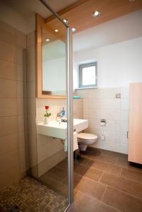 a bathroom with a sink and a toilet and a mirror at Müritzperle in Waren