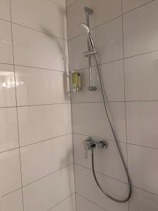 La salle de bains est pourvue d'une douche avec un pommeau de douche. dans l'établissement Altstadthotel Hayk am Rhein, à Cologne