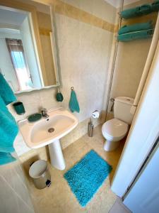 a bathroom with a sink and a toilet and a mirror at Villa Evgenia in Asprouliánoi