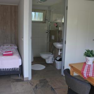 a bathroom with a bed and a toilet and a sink at B&B de Linde in Hoogeveen