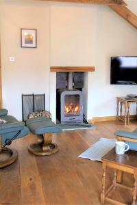 a living room with a fireplace and a tv at Dolgoy Coach House Loft in Llwyn-Dafydd