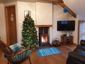 una sala de estar con un árbol de Navidad y una chimenea en Dolgoy Coach House Loft en Llwyn-Dafydd