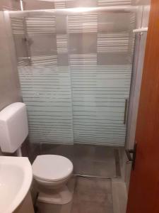 een badkamer met een wit toilet en een douche bij Apartments Felicce in Rab