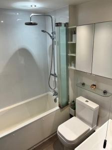 a bathroom with a toilet and a glass shower at Coastal Village Cottage in Talacre