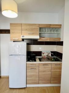 eine Küche mit einem weißen Kühlschrank und Holzschränken in der Unterkunft Happy Traveller SKG in Thessaloniki