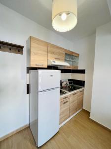 eine Küche mit einem weißen Kühlschrank und Holzschränken in der Unterkunft Happy Traveller SKG in Thessaloniki