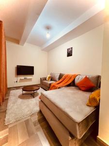 a living room with a couch and a flat screen tv at lovely modern 1,2 bedroom apartment in town in Nakuru