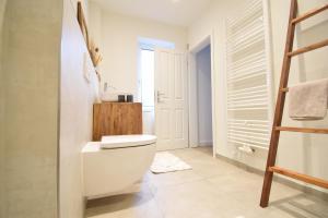 a bathroom with a white toilet and a ladder at Ferienhaus Strandgeflüster in Garding +13 photos