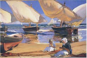 a painting of a painting of boats on the beach at Sunrise Studio Sorolla, 150 m de la playa in Miami Platja