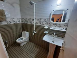 y baño con aseo, lavabo y espejo. en Capry Guest House, en Karachi
