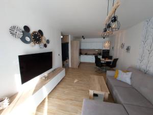 sala de estar con sofá y TV de pantalla plana en Apartmán Filip - Pod Lesom, en Vysoké Tatry