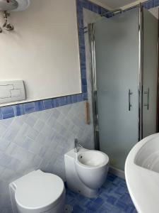 uma casa de banho com um WC, um lavatório e um chuveiro em La Grotta Stazione em Salerno