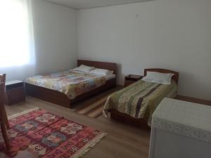 Habitación pequeña con 2 camas y alfombra. en Meerim Murok en Bosteri