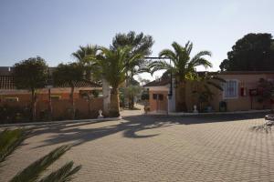 une route en briques avec des palmiers et un bâtiment dans l'établissement Hostal Nueva Andalucia, à Alcalá de Guadaira