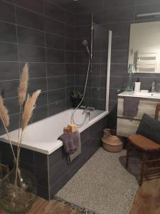 La salle de bains est pourvue d'une baignoire et d'un lavabo. dans l'établissement les chambres de pauline, à Albertville