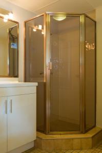 a shower with a glass door in a bathroom at Lancaster Court Motel in Brisbane