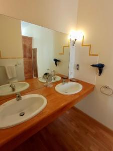 baño con 2 lavabos y espejo grande en Domaine de Rasigous, en Saint-Affrique-les-Montagnes