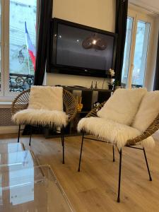 a living room with two chairs and a tv at NOTRE DAME - STYLISH APARTMENT in Paris