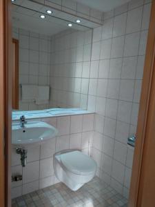 La salle de bains est pourvue d'un lavabo, de toilettes et d'un miroir. dans l'établissement Pension Christ, à Waltershausen