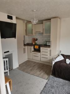 a small kitchen with white cabinets and a television at Little Dorrit Studio flat Rochester ME1 1XZ in Strood