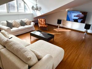 un soggiorno con divano e TV di Divon Luxury Apartments by Wawel Castle a Cracovia
