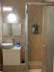 a bathroom with a sink and a shower stall at Haifa boutique apartment by LIME in Haifa