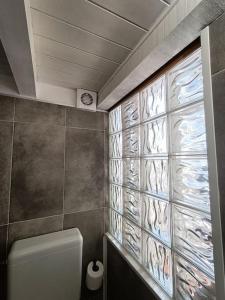 a bathroom with a toilet and a tile wall at Grazioso monolocale con soppalco al Collegio -Come a Casa Locazioni Turistiche- in Trezzo sullʼAdda