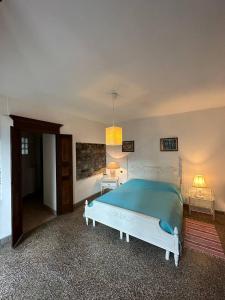 オメーニャにあるCasa Sasso e Legnoのベッドルーム(青いシーツを使用した大きな白いベッド付)