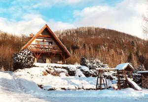 una cabina nella neve di fronte a una montagna di Alpejka - Domek Górski a Idzików