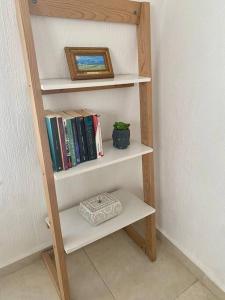 une étagère avec des livres et une photo sur celle-ci dans l'établissement Casa Aliisa, à Mérida