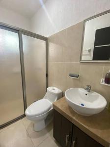 La salle de bains est pourvue de toilettes et d'un lavabo. dans l'établissement Casa Aliisa, à Mérida