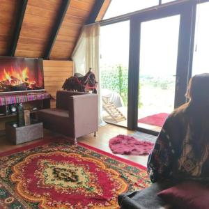 a woman sitting in a chair in a living room with a fireplace at Alpina Glamping en Latacunga in Saquisilí