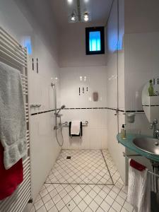 ein Bad mit einer Dusche und einem Waschbecken in der Unterkunft Hôtel Le Manoir aux Vaches in Yvetot