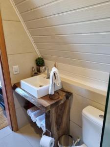 a bathroom with a sink and a toilet at Cabanas Bela Vista in Rolante
