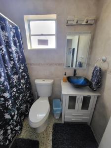 a bathroom with a toilet and a sink and a mirror at Lovely 1-Bedroom Apartment in Miami