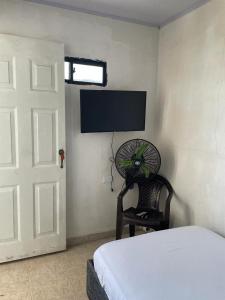 ein Schlafzimmer mit einem Bett und einem Ventilator neben einer Tür in der Unterkunft sophia house in Cartagena de Indias