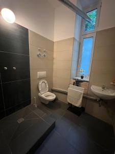 La salle de bains est pourvue de toilettes et d'un lavabo. dans l'établissement Kiez Box TwentyForSeven private room, à Berlin
