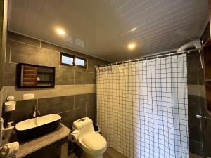 uma casa de banho com um WC, um lavatório e um chuveiro em Lidia's Mountain View Vacation Homes em Monteverde