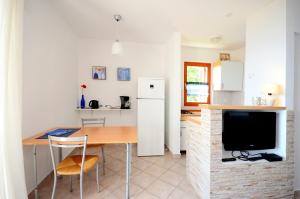 a kitchen with a table and a refrigerator and a television at Apartment Andreas in Ravni