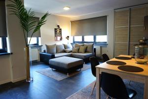 ein Wohnzimmer mit einem Sofa und einem Tisch in der Unterkunft Apartamenty Milenium in Ustroń
