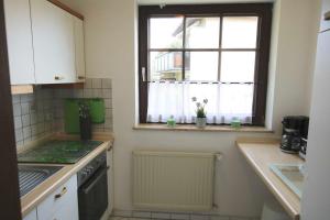 eine Küche mit einem Fenster, einem Waschbecken und einem Herd in der Unterkunft Ferienwohnung Marie in Bad Bevensen