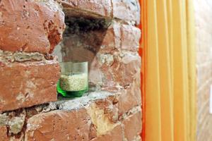 a brick wall with a green bowl of food on it at Adoriya Apartments in Saint Petersburg
